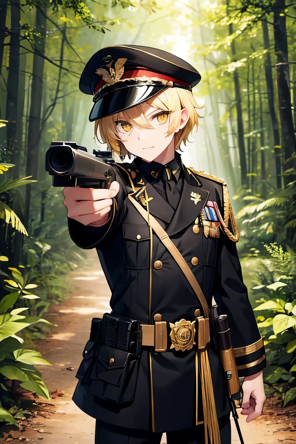 1 Men, Blonde hair, yellow eyes, black army uniform, black army hat, holding a gun, aiming at the viewer, half body photo, in the forest