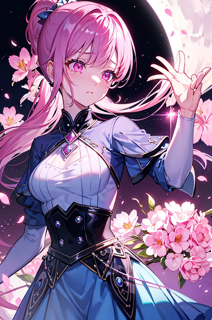 Super detailed、Virtual Woman, Lots of flowers, Pink ponytail hair,Shiny Hair , Glowing Eyes:0.5,Crying face、Anxious eyes、Flowers , Diamond Crystal, Fantasy, Slim, moon, High resolution, 8k, UHigh resolution, Super Detail, high quality