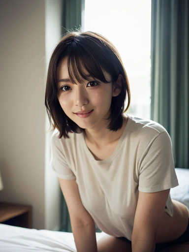 (8K、Raw photography、top-quality、masterpiece:1.2)、(realisitic、Photorealsitic:1.37)、(Baby face:1.3)、(Short haircut:1.3)、undergarment、ultra-detailliert、超A high resolution、1人、see the beholder、beautifull detailed face、A smile、Constriction、(Slim waist) :1.3)、Beautiful detailed skin、Skin Texture、floated hair、profetional lighting