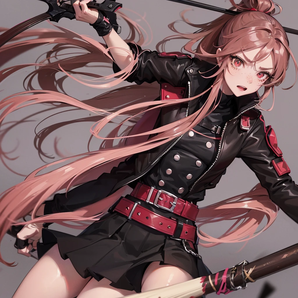 1girl, beautiful detailed eyes, red eyes , Long Brown tips pink hair, serious face, Fingerless gloves, Black skirt, black top, red jacket, black boots, baseball bat in hand , light skin color, Purple ribbon, freckles on her face, black hair band