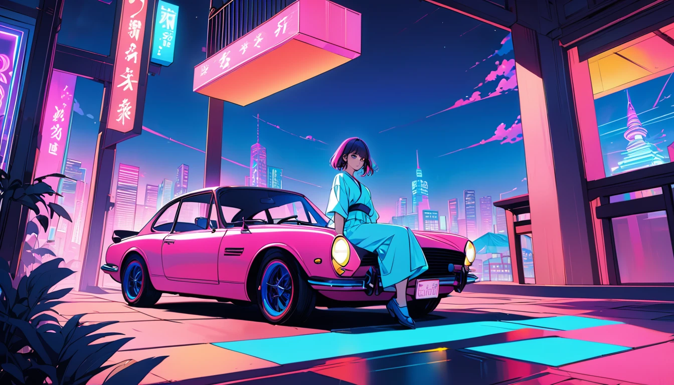 masterpiece,Highest quality,1 Synthwaveガール,Blue outline,Retro car,Blue fluorescent paint,alone,From below,Cowboy Shot,Sitting on the roof of a building,Extremely detailed CG,Flat Color,Limited edition palette,Line art,silhouette,Partially colored,Alternative color,Dynamic Angle,Mizuga Short Bob、Blue Long Upper Champagne,Dark purple shadow,Synthwave,chromatic aberration,(aloneフォーカス)、Perfect Shadow、yukata、Delicate face、、Beautiful and delicate eyes、Delicate background、Blue Neon Light、night、