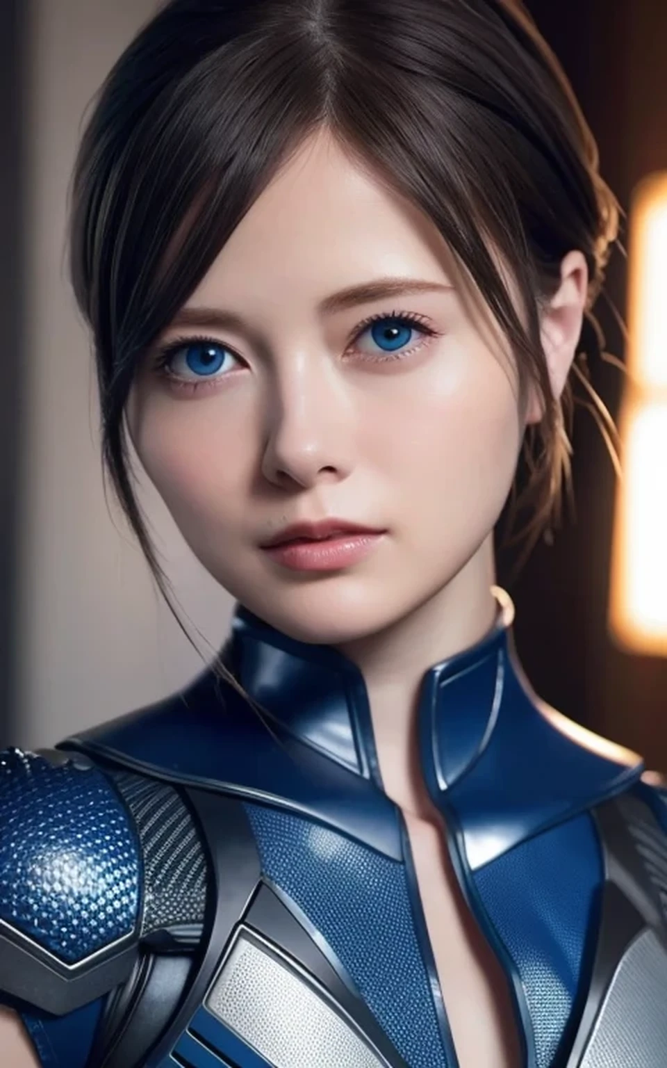 8k, Highest quality, (Real:1.4), Original photo, 1 girl, Asari Hair, Biological Amplifier, refined armor, posture: Peace talks between warring factions, smart blue eyes
