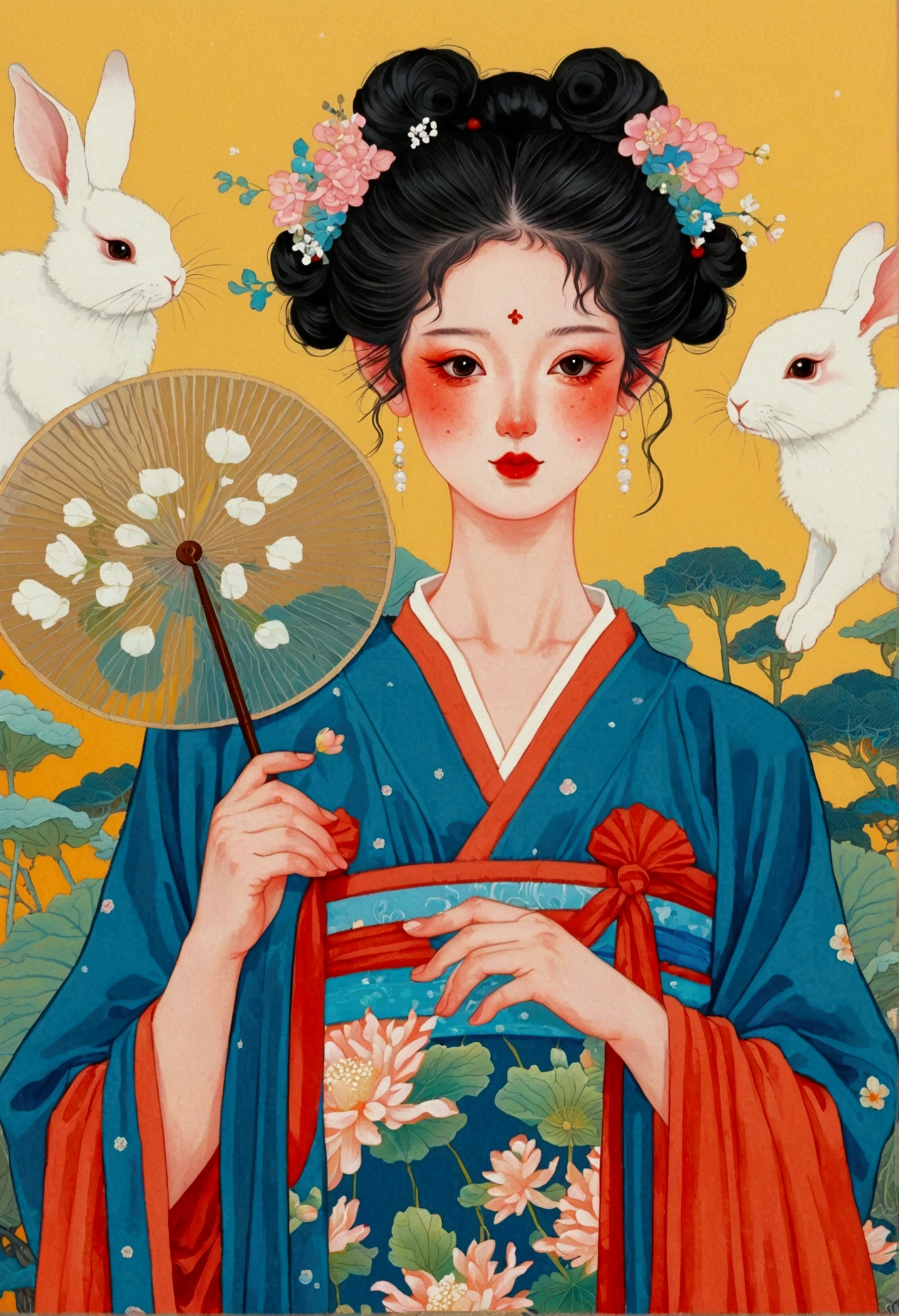 The painting shows a woman and two rabbits，Holding a fan and a fan in hand, James Jean (James Jean) Inspired by the extremely detailed, cg Social Hotspot, Pop surrealism, james jean 和 wlop, japanese Pop surrealism, Beeple 和 Jeremiah Ketner, James Gene Artwork, beeple 和 james jean, James Gene Art, Japanese pop surrealism