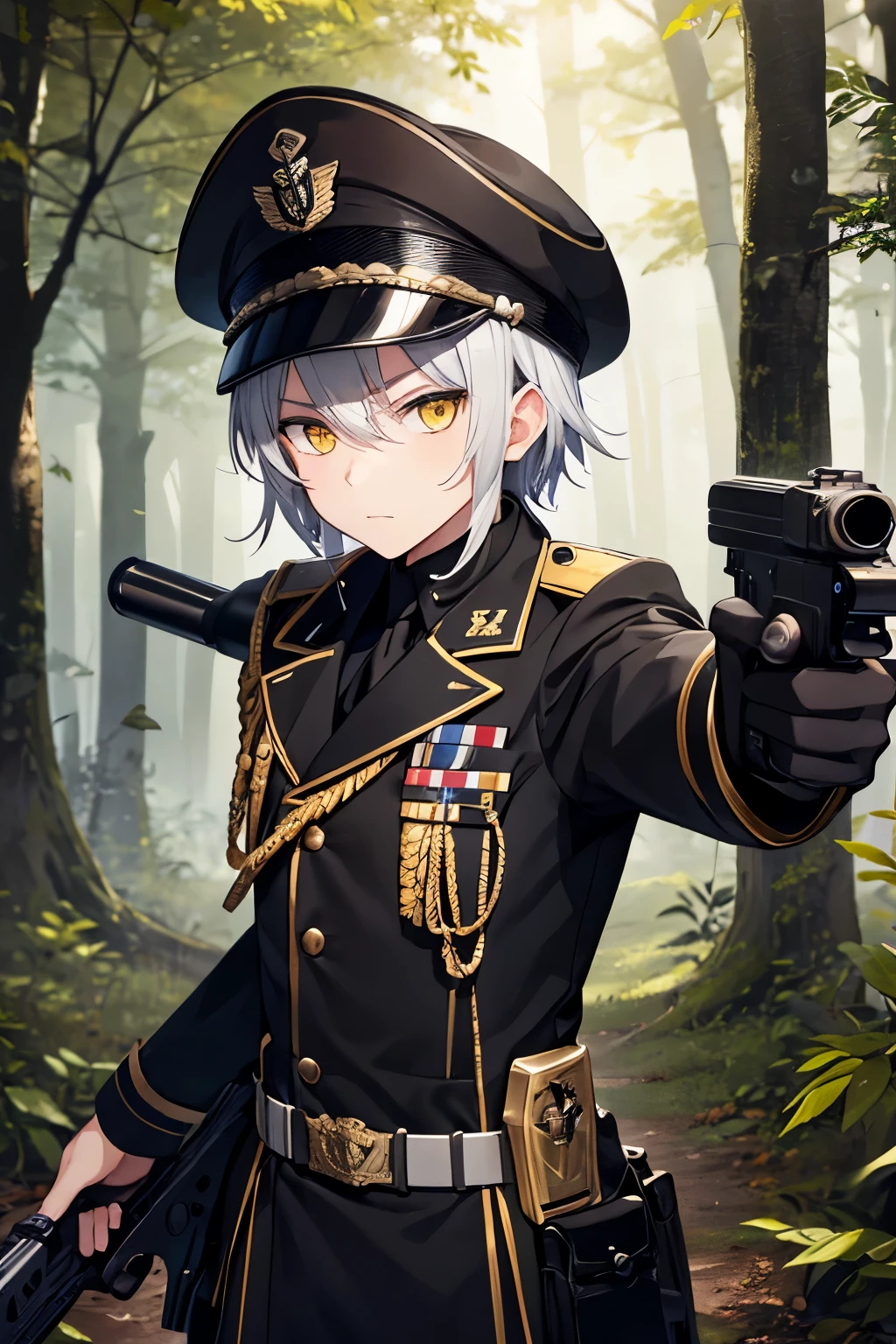 1 Men, silver hair, yellow eyes, black army uniform, black army hat, holding a gun, aiming at the viewer, half body photo, in the forest