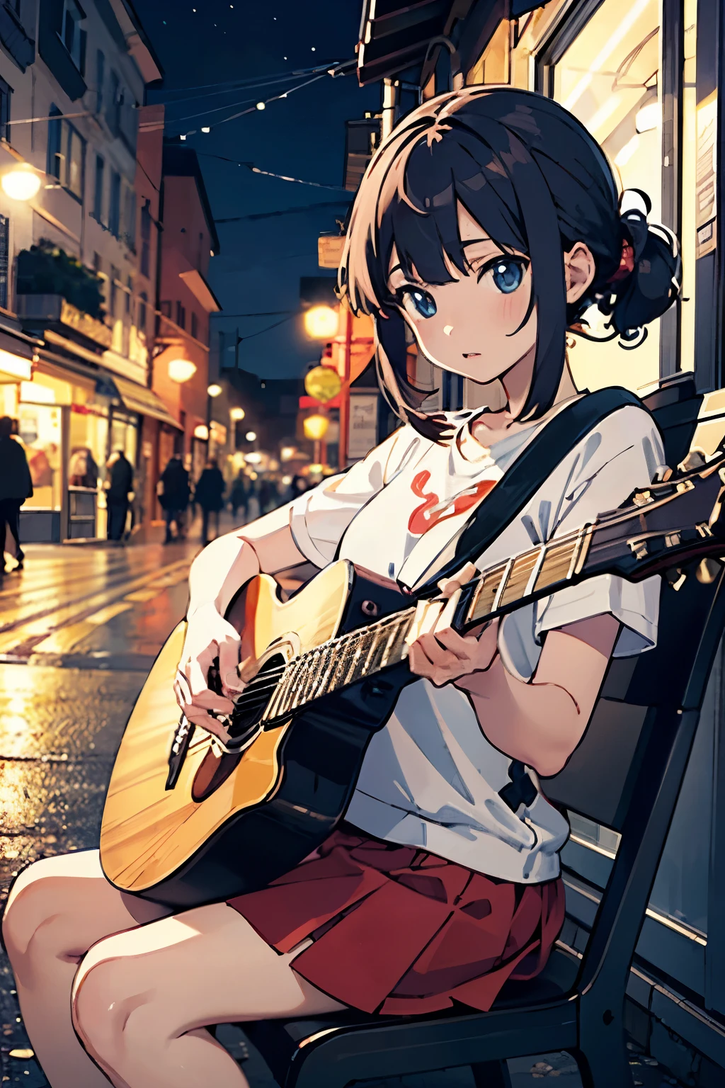 Night view、quiet streetscape、Pixel Art Painting Best Quality, masterpiece, Attention to detail, Super intricate details,Anime girl sitting on a chair and playing guitar, Anime Art Wallpapers 8K, anime art wallpaper 4k, anime art wallpaper 4k, Anime Style 4k, anime wallpaper 4k, anime wallpaper 4k, anime wallpaper 4k, Manga Wallpapers, 4K wallpaper,, Girl playing guitar, LOFI Girl