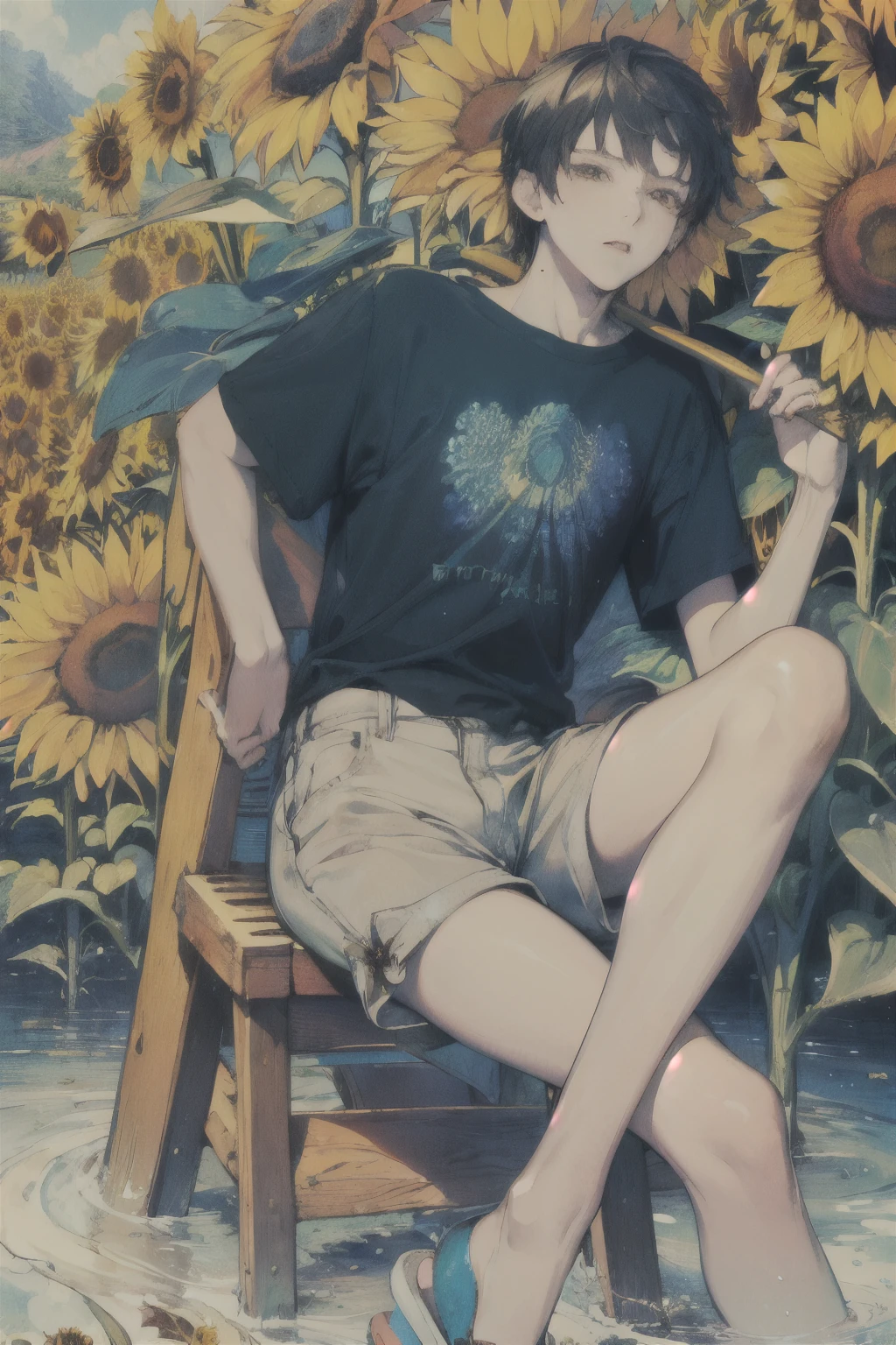(masterpiece, top quality, best quality, official art, beautiful and aesthetic:1.2), (1boy:1.3), (fractal art:1.3),(Summer vacation:1.2),(Sunflower field:1.3),((A cool stream:1.2)),(Short sleeve shirt and shorts:1.25),(Sandals:1.2),close-up Face.
