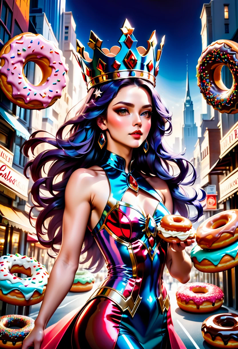 an oil painting portrait of a queen eating a (an epic donut: 1.3), an exotic exquisite beautiful queen, dynamic hair color, wavy hair, dynamic eyes color,  intense eyes, wearing glamour silk dress, intricate detailed dress, dynamic color dress, dynamic style dress, wearing diamond crown ((eating  a large donut: 1.3)),  (cherries: 1.1), (whipped cream: 1.1), (chocolate bar: 1.1)  fantasy pastry shop background,  vibrant, Ultra-high resolution, High Contrast, (masterpiece:1.5), highest quality, Best aesthetics), best details, best quality, highres, 16k, [ultra detailed], masterpiece, best quality, (extremely detailed) RAW, (ultra details, Masterpiece, best quality),   , Intense gaze, blood, Cinematic Hollywood Film
