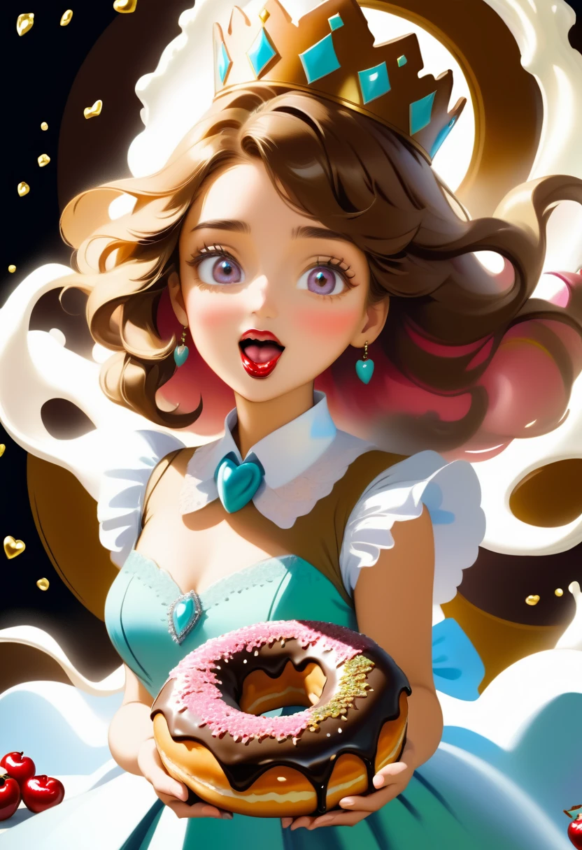 an oil painting portrait of a queen eating a (an epic donut: 1.3), an exotic exquisite beautiful queen, dynamic hair color, wavy hair, dynamic eyes color,  intense eyes, wearing glamour silk dress, intricate detailed dress, dynamic color dress, dynamic style dress, wearing diamond crown ((eating  a large donut: 1.3)),  (cherries: 1.1), (whipped cream: 1.1), (chocolate bar: 1.1)  fantasy pastry shop background,  vibrant, Ultra-high resolution, High Contrast, (masterpiece:1.5), highest quality, Best aesthetics), best details, best quality, highres, 16k, [ultra detailed], masterpiece, best quality, (extremely detailed) RAW, (ultra details, Masterpiece, best quality),   , Intense gaze, blood, Cinematic Hollywood Film
