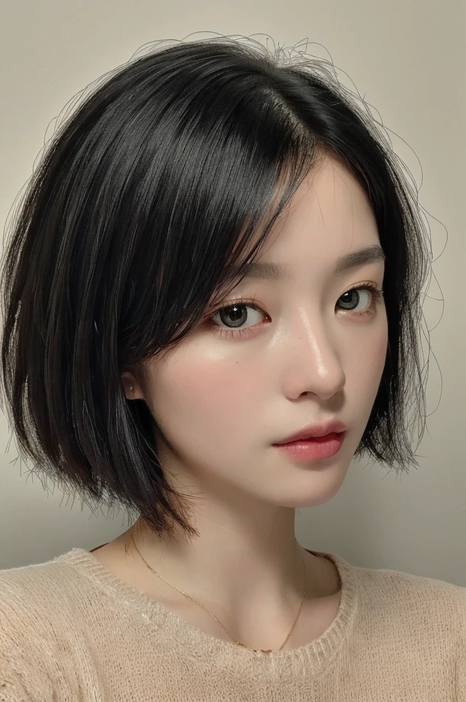 Masterpiece: 1.3), (8k, photorealistic, RAW photo, top quality: 1.4), (1girl), beautiful face, (realistic face), (black hair, short hair: 1.3), beautiful hairstyle, realistic eyes, beautiful detail eyes, (realistic skin), beautiful skin, (sweater), absurd, attractive, ultra high resolution, ultra realistic, high definition, golden ratio