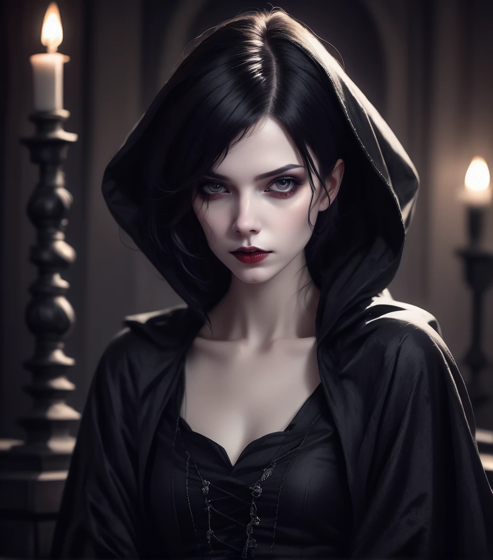 (high quality: 1.3), cinematic shot, masterpiece, (sharp focus: 1.5), (photorealistic: 1.3), medium portrait of (a beautiful young vampire, Pale skin, Gothic, still proud and fierce, short straight black hair, dark look, dressed in a highly detailed dark robe, dark atmosphere, but sculpting the shapes in sharp chiaroscuro), It&#39;s night, (very detailed skin), (detailed face),  detailed background, dark lighting, twilight lighting, volumetric lighting, Complex details, HD,