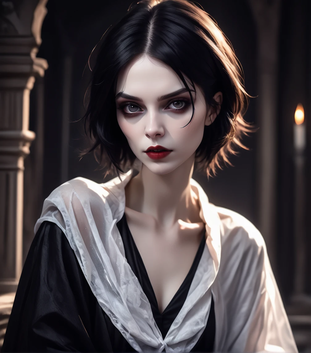 (high quality: 1.3), cinematic shot, masterpiece, (sharp focus: 1.5), (photorealistic: 1.3), medium portrait of (a beautiful young vampire, Pale skin, Gothic, still proud and fierce, short straight black hair, dark look, dressed in a highly detailed dark robe, dark atmosphere, but sculpting the shapes in sharp chiaroscuro), It's night, (very detailed skin), (detailed face), detailed background, dark lighting, twilight lighting, volumetric lighting, Complex details, HD,