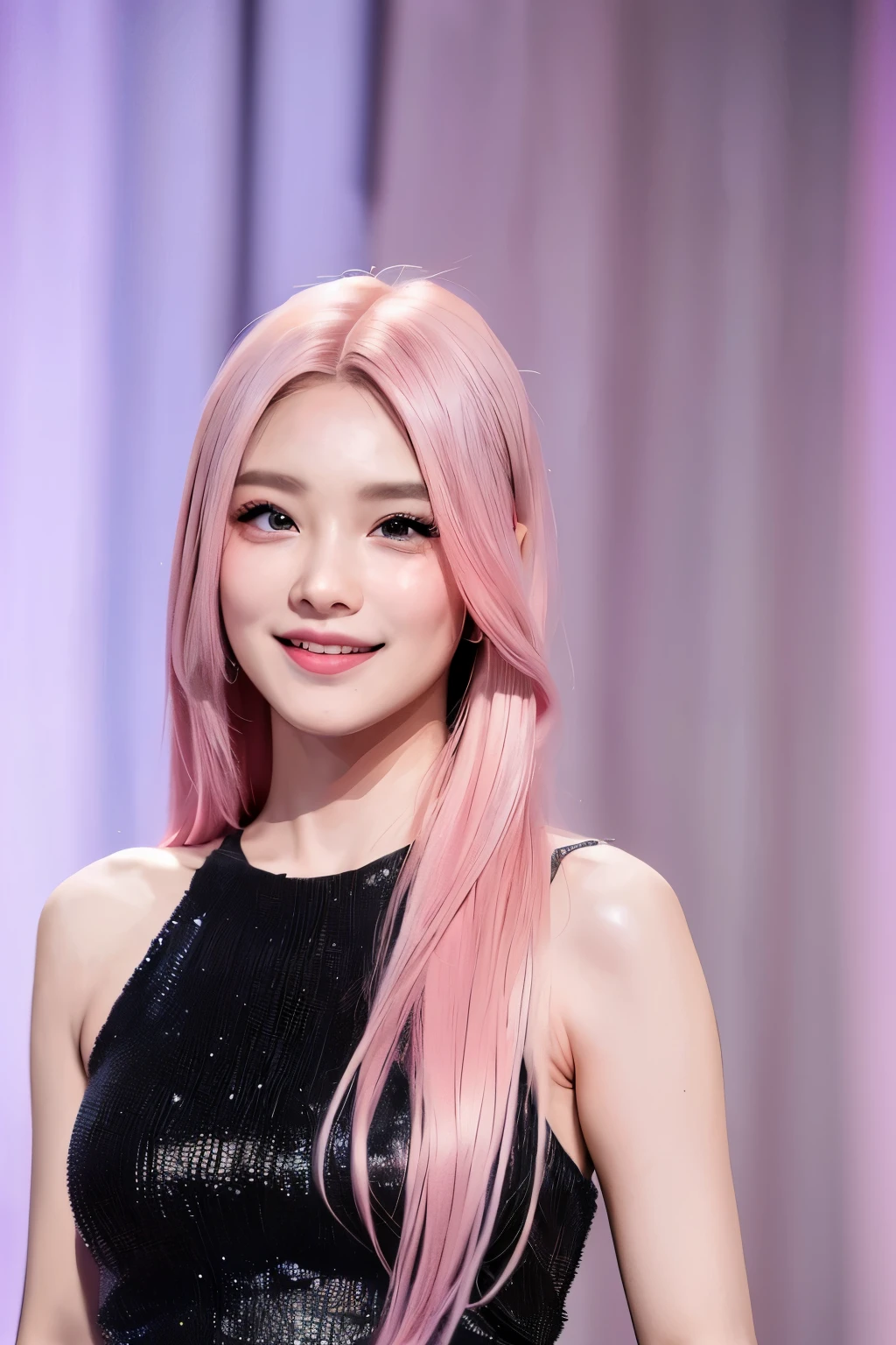 (highly detailed body、more detailed face、best quality:1.2)、not、Looking at the viewers、((pink ash hair color、Trendy colorful makeup、smile、model pose、bit、black dress with lots of curtains)、(Fashion show on background