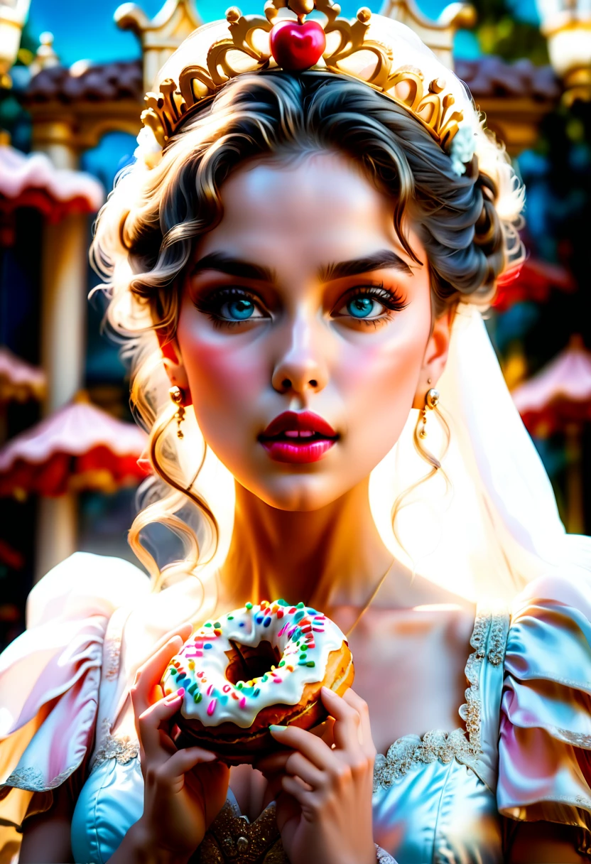 an oil painting portrait of a queen eating a (an epic donut: 1.3), an exotic exquisite beautiful queen, dynamic hair color, wavy hair, dynamic eyes color,  intense eyes, wearing glamour silk dress, intricate detailed dress, dynamic color dress, dynamic style dress, wearing diamond crown ((eating  a large donut: 1.3)),  (cherries: 1.1), (whipped cream: 1.1), (chocolate bar: 1.1)  fantasy pastry shop background,  vibrant, Ultra-high resolution, High Contrast, (masterpiece:1.5), highest quality, Best aesthetics), best details, best quality, highres, 16k, [ultra detailed], masterpiece, best quality, (extremely detailed) RAW, (ultra details, Masterpiece, best quality),   , Intense gaze, blood, Cinematic Hollywood Film
