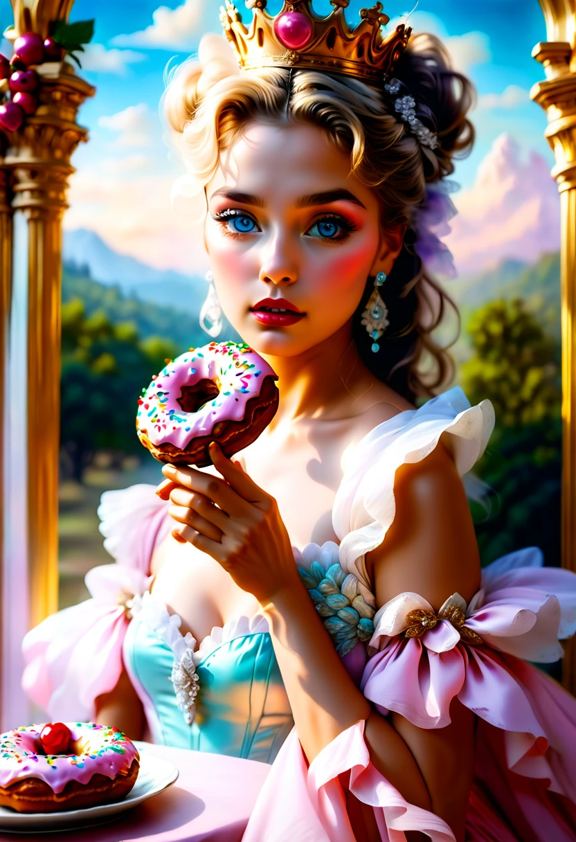 an oil painting portrait of a queen eating a (an epic donut: 1.3), an exotic exquisite beautiful queen, dynamic hair color, wavy hair, dynamic eyes color,  intense eyes, wearing glamour silk dress, intricate detailed dress, dynamic color dress, dynamic style dress, wearing diamond crown ((eating  a large donut: 1.3)),  (cherries: 1.1), (whipped cream: 1.1), (chocolate bar: 1.1)  fantasy pastry shop background,  vibrant, Ultra-high resolution, High Contrast, (masterpiece:1.5), highest quality, Best aesthetics), best details, best quality, highres, 16k, [ultra detailed], masterpiece, best quality, (extremely detailed) RAW, (ultra details, Masterpiece, best quality),   , Intense gaze, blood, Cinematic Hollywood Film
