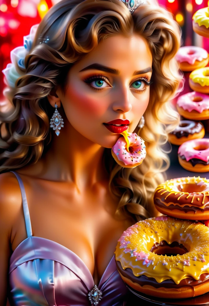 an oil painting portrait of a queen eating a (an epic donut: 1.3), an exotic exquisite beautiful queen, dynamic hair color, wavy hair, dynamic eyes color,  intense eyes, wearing glamour silk dress, intricate detailed dress, dynamic color dress, dynamic style dress, wearing diamond crown ((eating  a large donut: 1.3)),  (cherries: 1.1), (whipped cream: 1.1), (chocolate bar: 1.1)  fantasy pastry shop background,  vibrant, Ultra-high resolution, High Contrast, (masterpiece:1.5), highest quality, Best aesthetics), best details, best quality, highres, 16k, [ultra detailed], masterpiece, best quality, (extremely detailed) RAW, (ultra details, Masterpiece, best quality),   , Intense gaze, blood, Cinematic Hollywood Film
