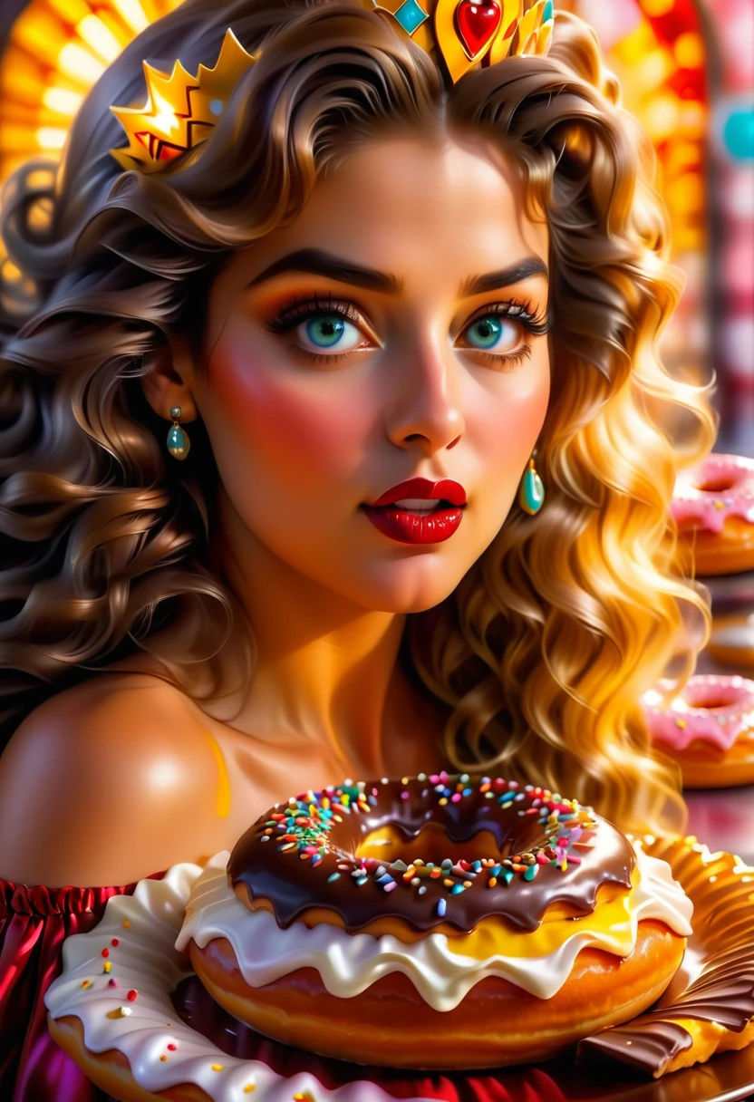 an oil painting portrait of a queen eating a (an epic donut: 1.3), an exotic exquisite beautiful queen, dynamic hair color, wavy hair, dynamic eyes color,  intense eyes, wearing glamour silk dress, intricate detailed dress, dynamic color dress, dynamic style dress, wearing diamond crown ((eating  a large donut: 1.3)),  (cherries: 1.1), (whipped cream: 1.1), (chocolate bar: 1.1)  fantasy pastry shop background,  vibrant, Ultra-high resolution, High Contrast, (masterpiece:1.5), highest quality, Best aesthetics), best details, best quality, highres, 16k, [ultra detailed], masterpiece, best quality, (extremely detailed) RAW, (ultra details, Masterpiece, best quality),   , Intense gaze, blood, Cinematic Hollywood Film
