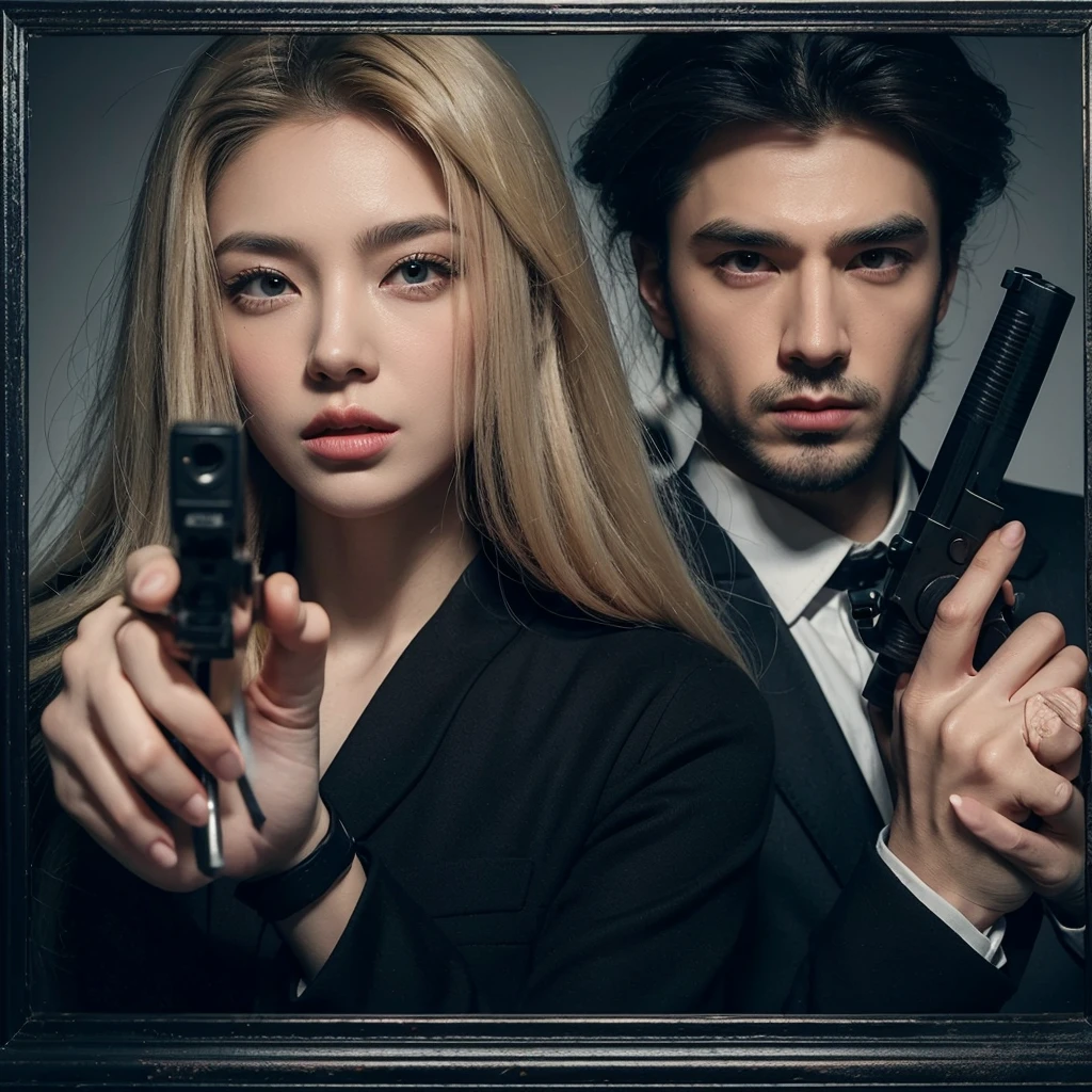 masterpiece. couple agent. Woman and man! woman with long blonde hair. man with gun, black hair, grey eyes. love to enemy. book cover design. Criminal frame background. Violence.