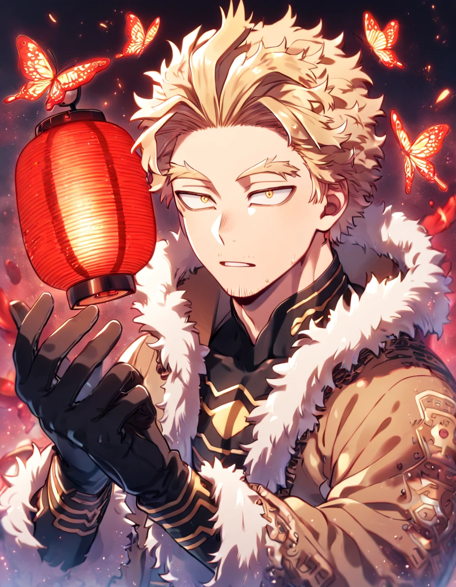 absurd resolution, high resolution, ultra detailed, detailed eyes, delicated features, extremely detailed, HDR, 8K, Hawks, ash-blonde hair, expressive golden eyes, faint stubble, Boku No Hero Academia, solo, sexy man, handsome, brown jacket with fur, black tight shirt with patterns, hero clothes, black gloves, red wings, fantasy, cool, magical, red glittering butterflies, red dust flying around, red flowers, red feathers, red lanterns, red blossoms