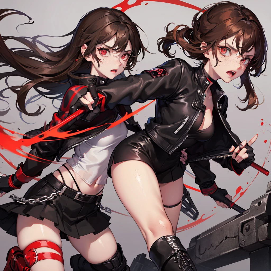 1girl, beautiful detailed eyes, red eyes , Long Brown hair, serious face, Fingerless gloves, Black skirt, black top, red jacket, black boots, baseball bat in hand , light skin color, Purple ribbon, freckles on her face, black hair band