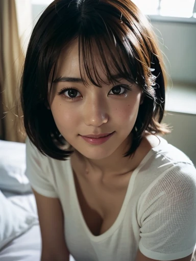 A stylish white hotel room with the morning sun streaming in、White wall、On the bed、18-year-old female、Realistic Skin、((Dark Eyes))、A shy smile、Medium Short Hair、Grey T-shirt、Yoshitomo Nara, shikamimi, Chiho, mayuri shiina, A real young gravure idol, beast, , Kotegawa Yui, 8k、narumi kakinouchi