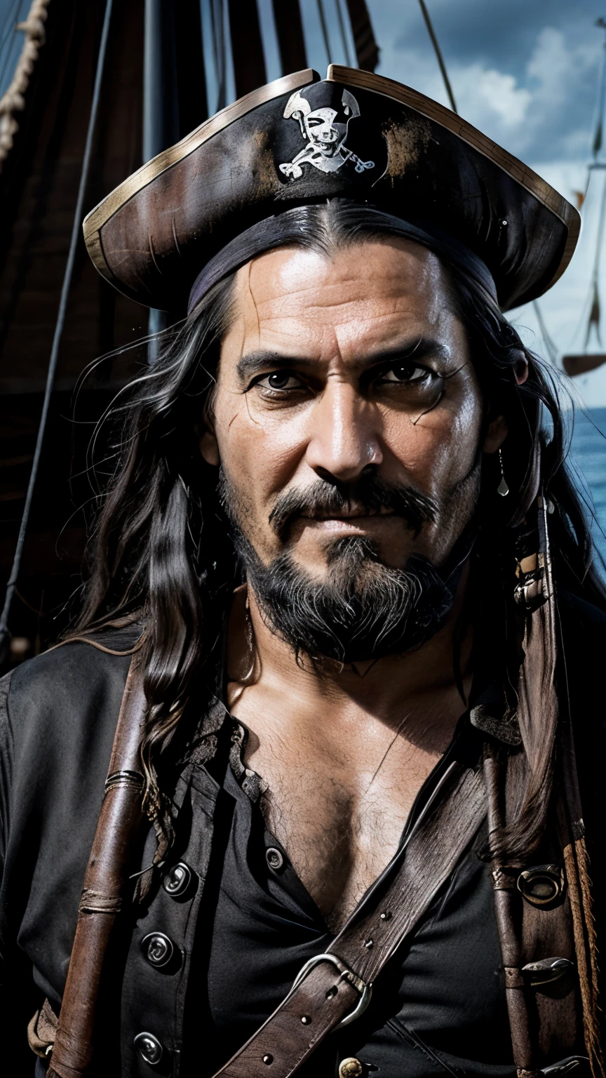 captain of a pirate ship, with long black hair, barba, older man with gloomy look, wearing an eye patch and drinking a bottle of rum