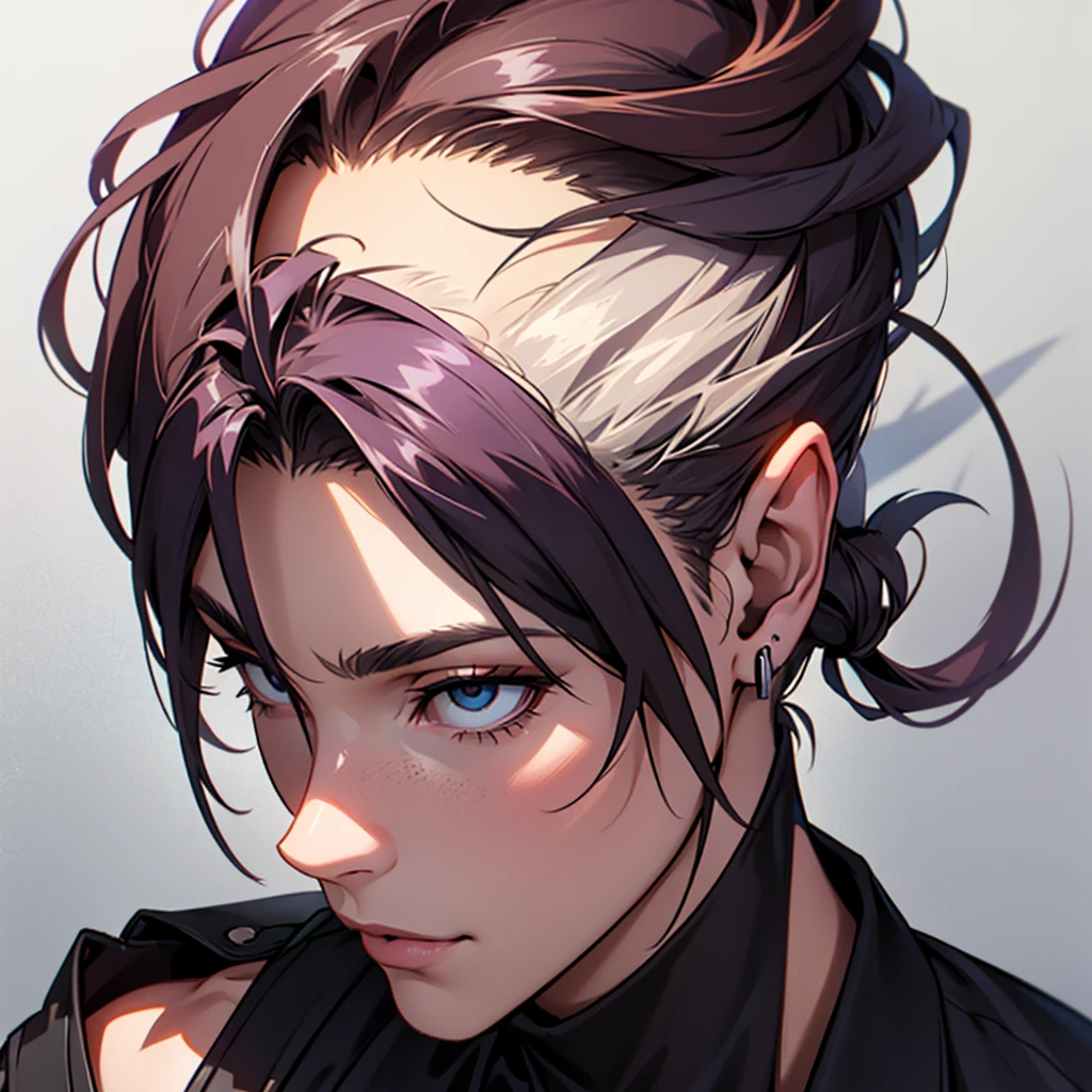 High-resolution square icon, close-up of a cool-looking young adult male face, including the following features: - Age: 25 years old - Expression: Confident gaze, with a slightly challenging smile - Hairstyle: Two-block cut with an up-bangs style, swept back like an undercut - Sides and back cut short - Top longer and swept backwards - Hair color: Dark brown base with subtle highlights (deep red or purple tones) - Facial features: Sharp jawline, high cheekbones, well-defined nose bridge - Accessories: Small silver hoop earring in one ear, subtle eyebrow piercing Background: - Abstract rock and roll motifs (silhouettes of electric guitars, amplifiers, musical notes) - Overall subdued color scheme (deep burgundy or navy) with subtle neon accents Texture: - Apply fine grunge texture to face and hair (more delicate than sand grain) - Rough brush strokes and splatter effects in the background Style: - Contrasting, mature color palette - Combine semi-realistic depiction with stylized edges - Lighting: Soft light from an upper angle, creating dimensional shadows Additional notes: - Balance mature male charm with a rock atmosphere - Overall composition should be sophisticated and eye-catching I've translated the prompt into English, maintaining all the key elements and details from the Japanese version. This English prompt can be used with AI art generators that prefer or require English input. The prompt includes all the specifics you requested: 1. A 25-year-old adult male model 2. Two-block haircut with up-bangs swept back in an undercut style 3. Stylish and rock-inspired elements 4. Colorful yet sophisticated appearance