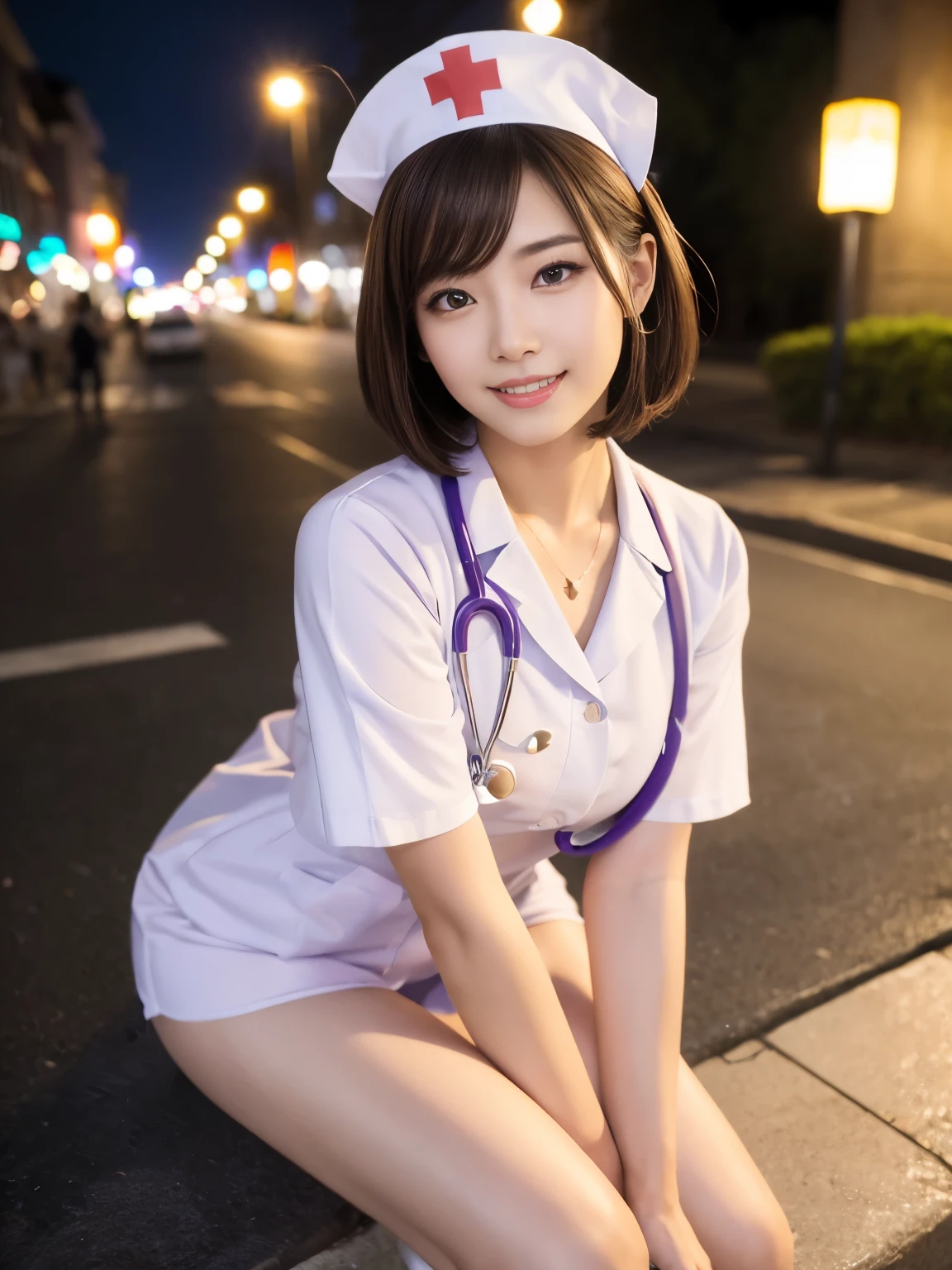 ((Nurse Cosplay Costumes、white)),((smile)),(sitting on a chair),((Highest quality)), Realistic, Very detailed, In detail, ((High resolution)), 8k,Japanese women,Beautiful woman,gravure,sexy,Beautiful Skin,Beautiful Eyes,Detailed face,(Glamour),((short hair)),(hair band),Brunette colored hair,20th Generation,Bust Size 87cm,Neat constriction,(Beautiful Eyes),(Adult),((In town))、((Halloween))、((night))、((Retro street lamp))