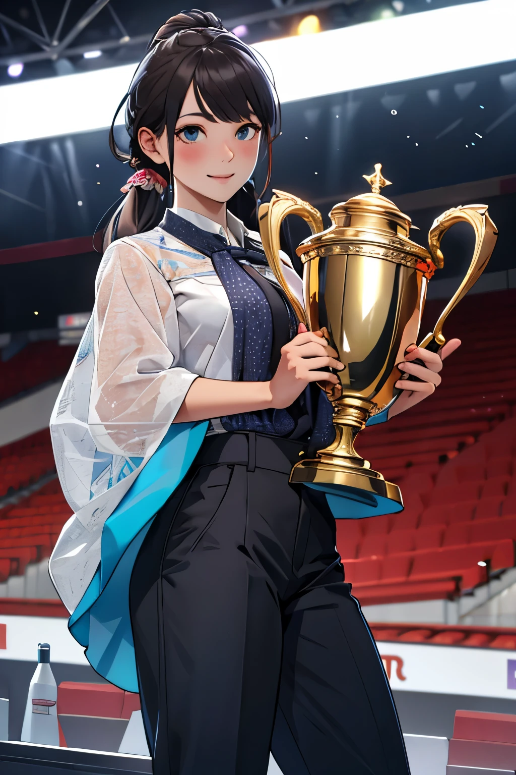 Doll with pants and blouse on top of the podium lifting a large trophy