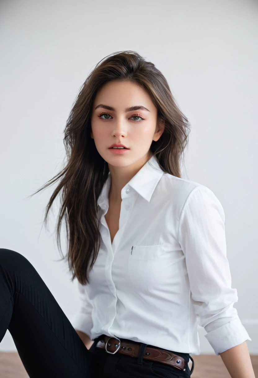 beautiful, masterpiece, best quality, Extremely detailed face, Perfect lighting, 1 Girl, Solitary, Giovanna, Cowboy shooting, White shirt, Black pants, sit, Open your legs