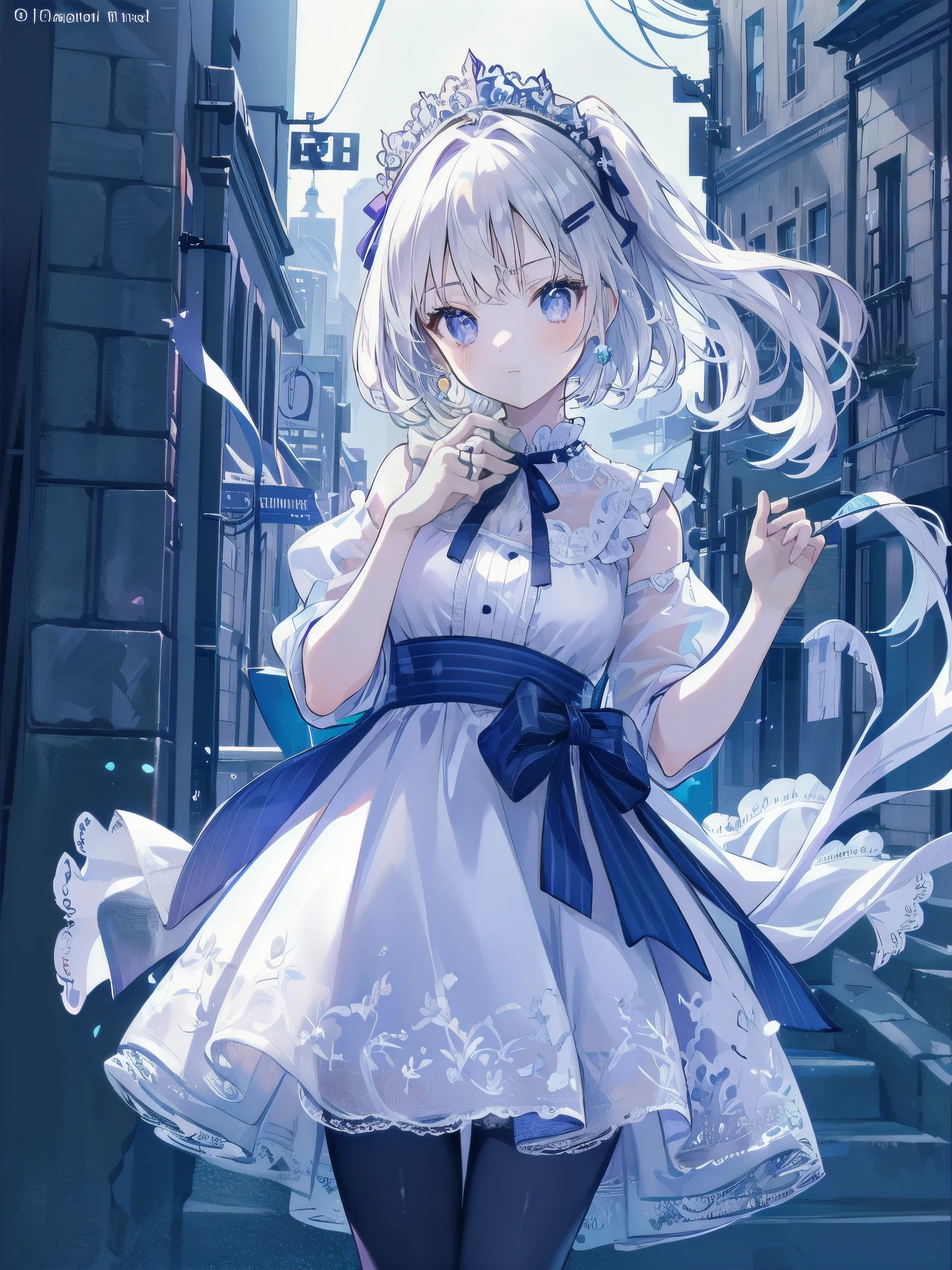 bride: wedding ring shining on ring finger Fusion of medieval European fashion Emphasis on elements of cuteness and adoration Posed illustration of the overwhelming cuteness of the character in the foreground Overwhelming architectural and cityscape background Ultra-detailed, rich, contemporary interpretation of medieval Europe and fantasy world Realistic textures, Professional artistic shading and light sources, scene-like cinematography and effects, depth of subject One beautiful girl, super cute, bob cut, side ponytail, perfect anatomy
Colours: pastel, white, pale purple, blue, gingham check
Materials: chiffon, lace, satin, velvet, etc. Silhouette: fluffy skirt, A-line, long length
Decoration: frills, ribbons, lace, pearls, embroidery etc. Coordinates Romantic princess: pastel dress, lace blouse, fluffy skirt, ribbon hair accessory, black tights Add accessories and accessories to personalise.