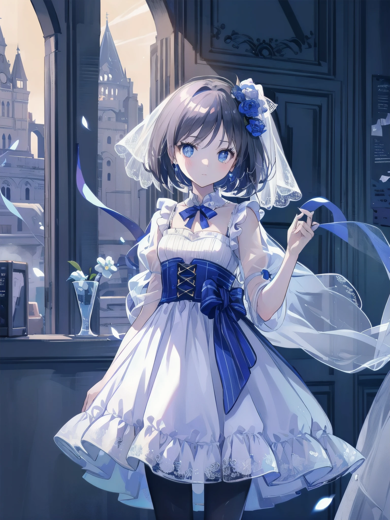  bride: wedding ring shining on ring finger Fusion of medieval European fashion Emphasis on elements of cuteness and adoration Posed illustration of the overwhelming cuteness of the character in the foreground Overwhelming architectural and cityscape background Ultra-detailed, rich, contemporary interpretation of medieval Europe and fantasy world Realistic textures, Professional artistic shading and light sources, scene-like cinematography and effects, depth of subject One beautiful girl, super cute, bob cut, side ponytail, perfect anatomy 
Colours: pastel, white, pale purple, blue, gingham check 
Materials: chiffon, lace, satin, velvet, etc. Silhouette: fluffy skirt, A-line, long length 
Decoration: frills, ribbons, lace, pearls, embroidery etc. Coordinates Romantic princess: pastel dress, lace blouse, fluffy skirt, ribbon hair accessory, black tights Add accessories and accessories to personalise.
