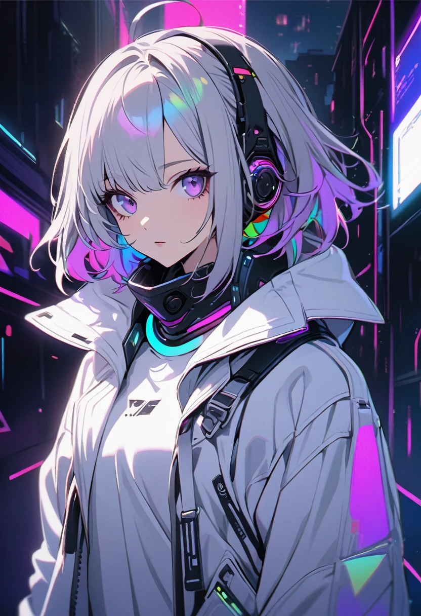 good looking, alone, 1 female, Medium Hair, Gray Hair, Rainbow Hair, Purple eyes, White clothes, Futuristic, cyber punk, Cybernetic