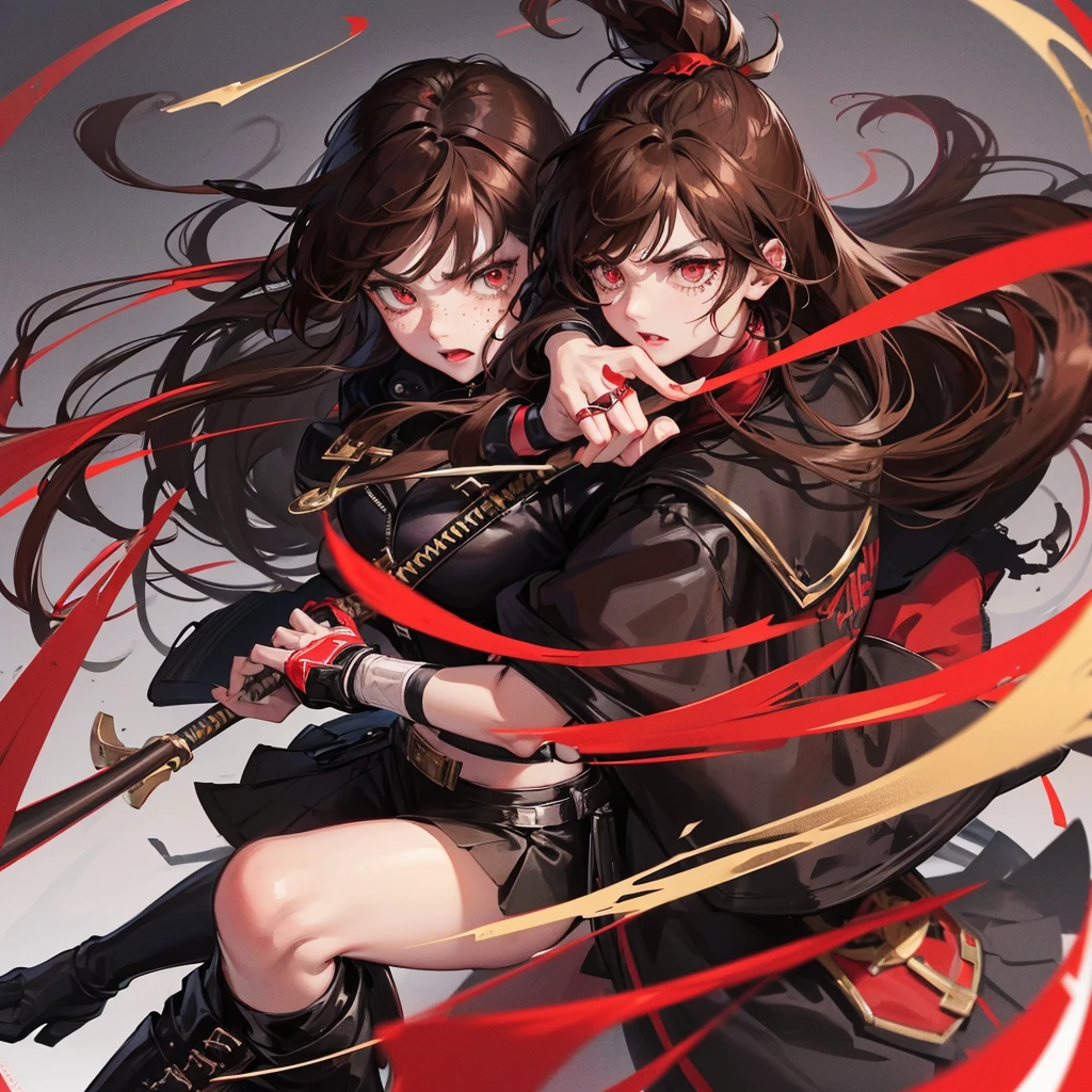 Only 1 girl,beautiful detailed eyes, red eyes , Long Brown hair, serious face, Fingerless gloves, Black skirt, black top, red jacket, black boots, baseball bat in hand , light skin color, Purple ribbon, freckles on her face, black hair band