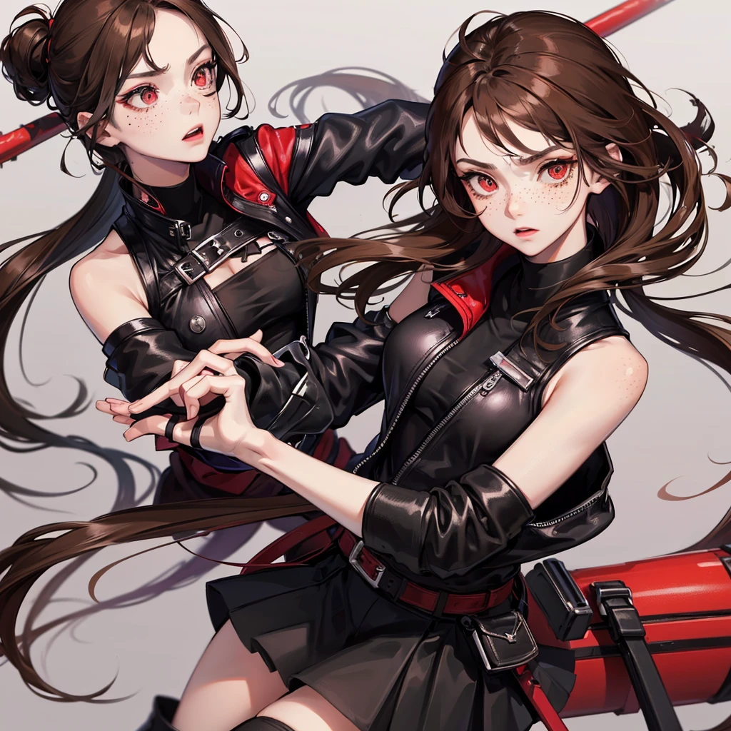 Only 1 girl,beautiful detailed eyes, red eyes , Long Brown hair, serious face, Fingerless gloves, Black skirt, black top, red jacket, black boots, baseball bat in hand , light skin color, Purple ribbon, freckles on her face, black hair band