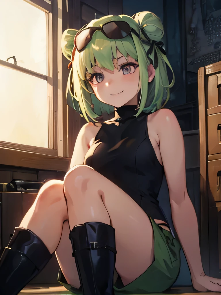 (highres), (best quality), (detailed) 1 girl, alone, medium hair, pastel green hair, twin buns, evil smile, VIOLET eyes, round black sunglasses on head, black sleeveless turtleneck top, green shorts, dark brown boots, day time, abandoned place, resting, thoughtful, looking away from the camera