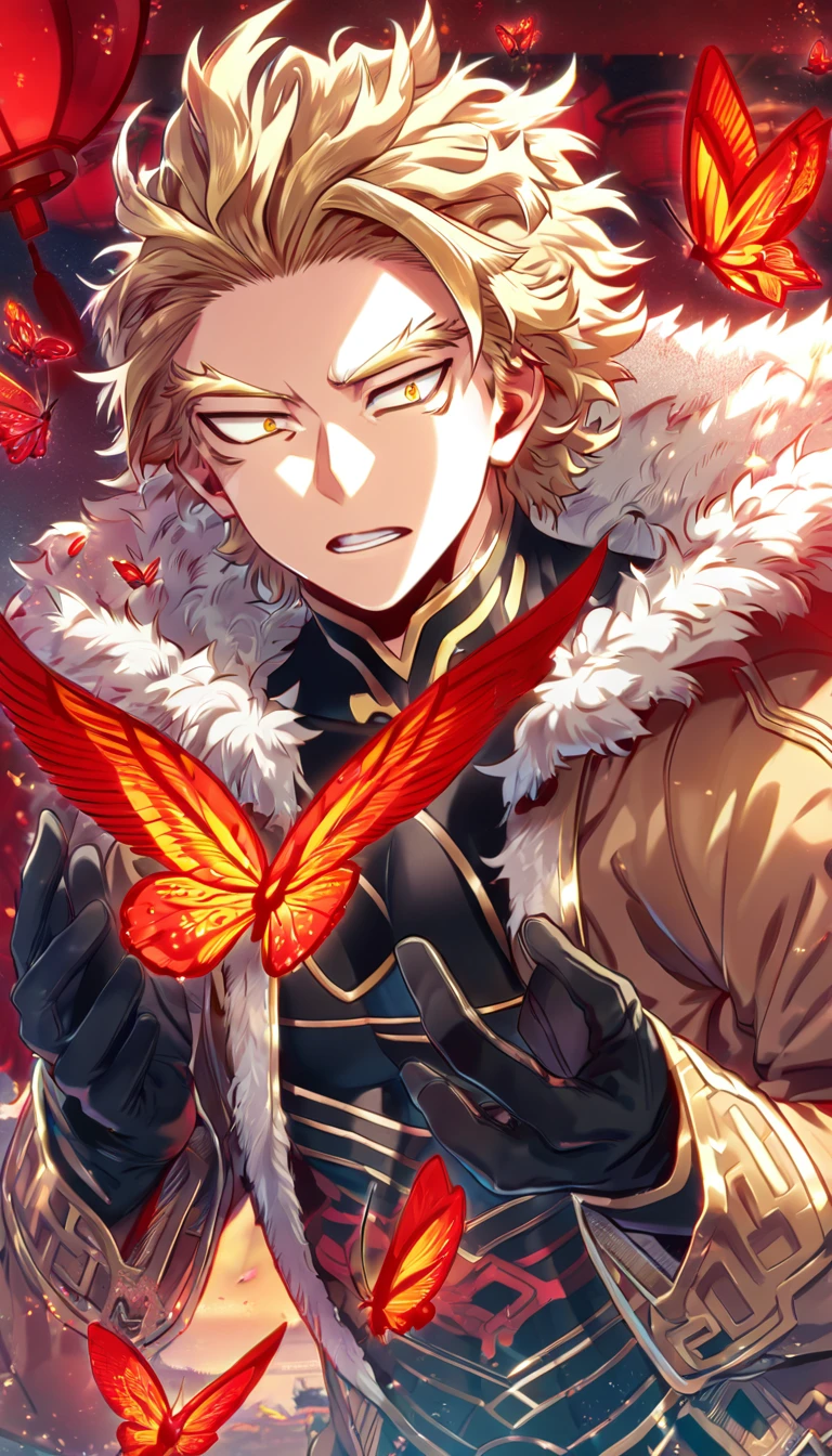 absurd resolution, high resolution, ultra detailed, detailed eyes, delicated features, extremely detailed, HDR, 8K, Hawks, ash-blonde hair, expressive golden eyes, faint stubble, Boku No Hero Academia, solo, sexy man, handsome, brown jacket with fur, black tight shirt with patterns, hero clothes, black gloves, red wings, fantasy, cool, magical, red glittering butterflies, red dust flying around, red flowers, red feathers, red lanterns, red blossoms