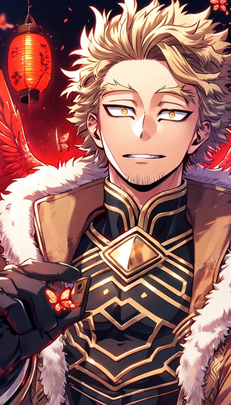 absurd resolution, high resolution, ultra detailed, detailed eyes, delicated features, extremely detailed, HDR, 8K, Hawks, ash-blonde hair, expressive golden eyes, faint stubble, Boku No Hero Academia, solo, sexy man, handsome, brown jacket with fur, black tight shirt with patterns, hero clothes, black gloves, red wings, fantasy, cool, magical, red glittering butterflies, red dust flying around, red flowers, red feathers, red lanterns, red blossoms