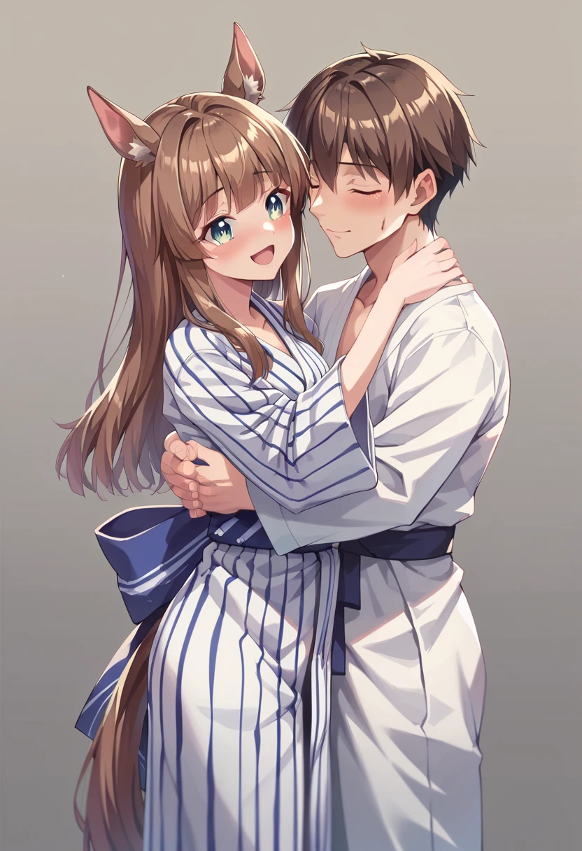 Highest quality、masterpiece、High resolution、Horse Girl、((Satono Diamond))、Brown Hair、Couple hugging、yukata、hostel、Expression of joy、happy、tears、