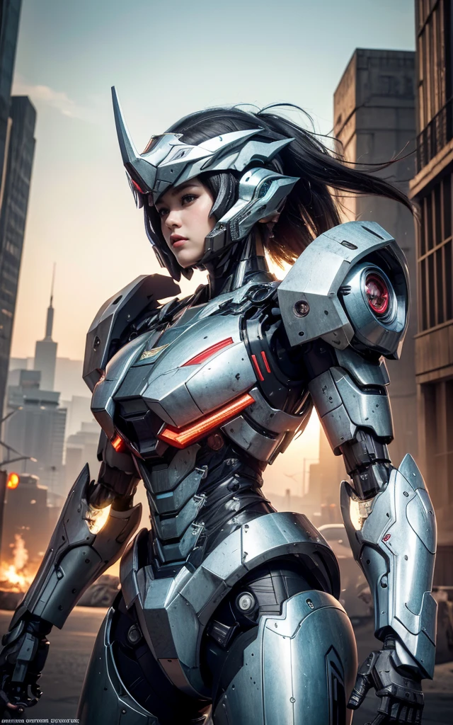 Textured Skin, Super Detail, High Detail, high quality, best quality, high resolution, 1080P, harddisk, beautiful,(war machine),beautiful女人,Mecha Girl,Battle Mode,Mecha Girl，Sci-fi city background
