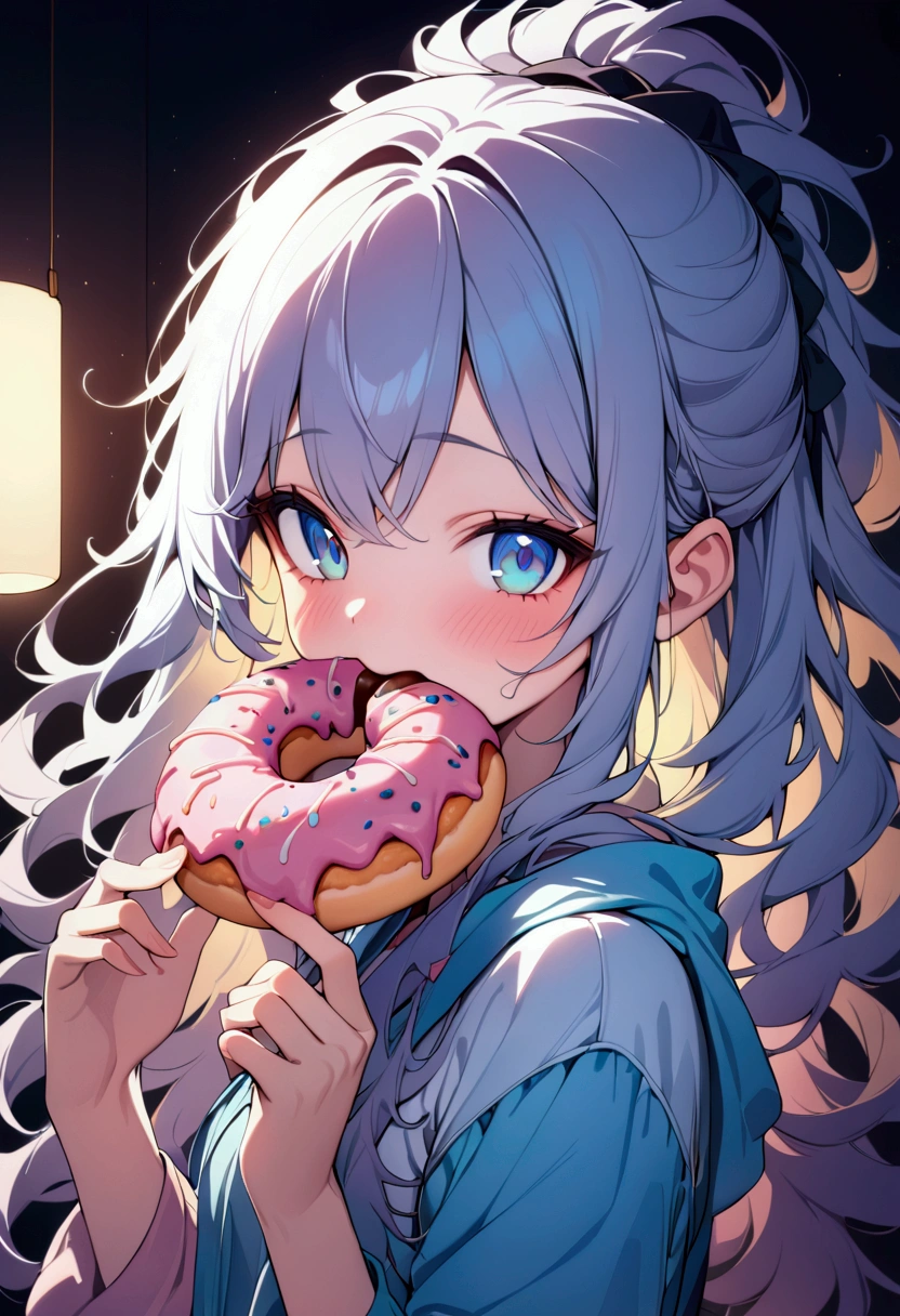 1girl, Eating Donuts, a girl eating delicious donuts, detailed face, beautiful blue eyes, cute expression, long eyelashes, messy hair, detailed skin texture, colorful sprinkled donuts, detailed pastry, warm lighting, 8k, highly detailed, masterpiece, best quality, very aesthetic, absurdres