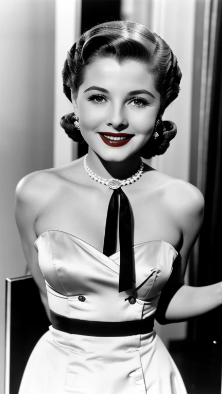 Joan Fontaine dressed in sexy clothes with lipstick and smiling