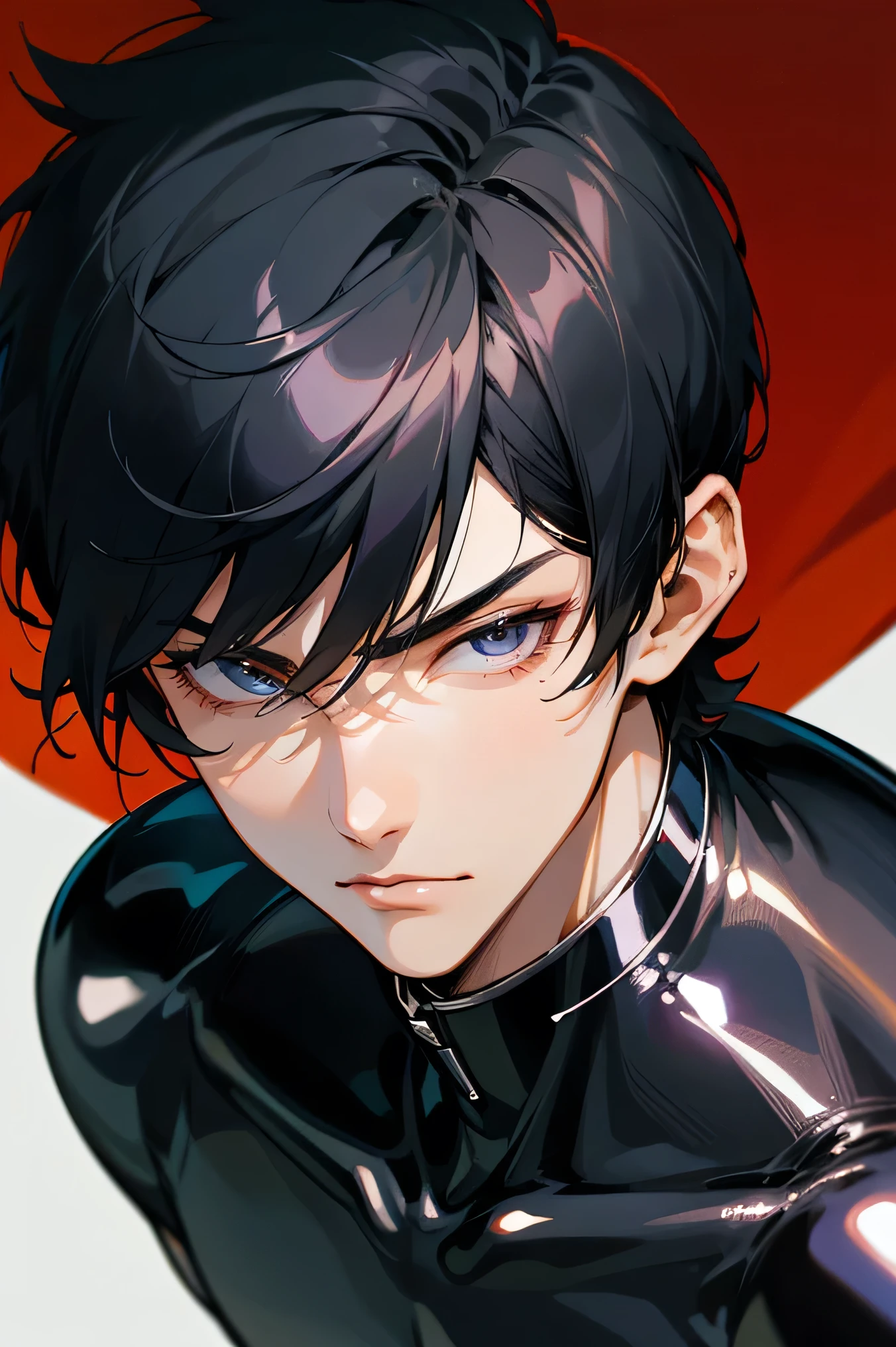 Face close-up Handsome Japanese male handsome model Black Hair Short cut G-I-A-CUT looking at the camera Shiny full-body silver suit Shiny silver latex suit Fierce face Face close-up from collarbone Handsome Short cut G-I-A-CUT