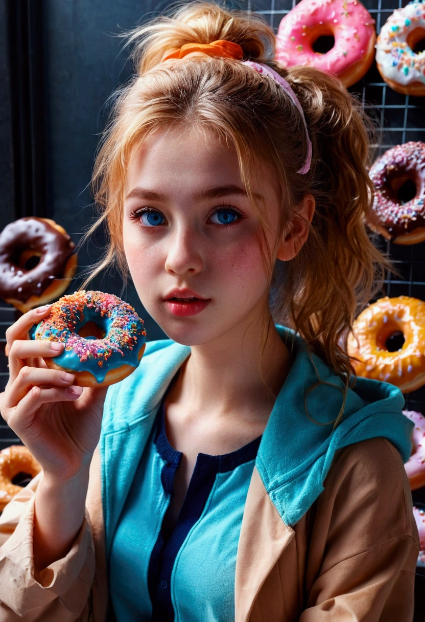 1girl, Eating Donuts, a girl eating delicious donuts, detailed face, beautiful blue eyes, cute expression, long eyelashes, messy hair, detailed skin texture, colorful sprinkled donuts, detailed pastry, warm lighting, 8k, highly detailed, masterpiece, best quality, very aesthetic, absurdres
