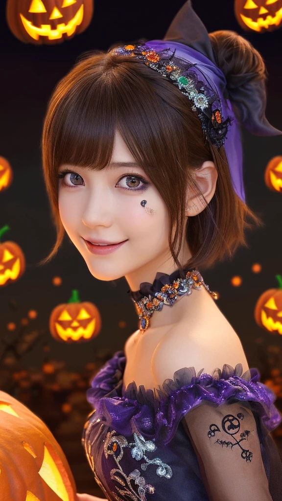 ((from below,upper body),a 20 years old girl, detailed cutie face, beautiful detailed eyes, detailed dropped eyes, beautiful charming smile, extremely detailed face,slender,short hair,anime style, halloween costume:2.0), Hires.fix,colorful lights, pumpkin decorations, haunted house, best quality, 4k, highres, masterpiece, realistic, photorealistic, photo-realistic, vivid colors, intricate details, fantasy, soft lighting, magical