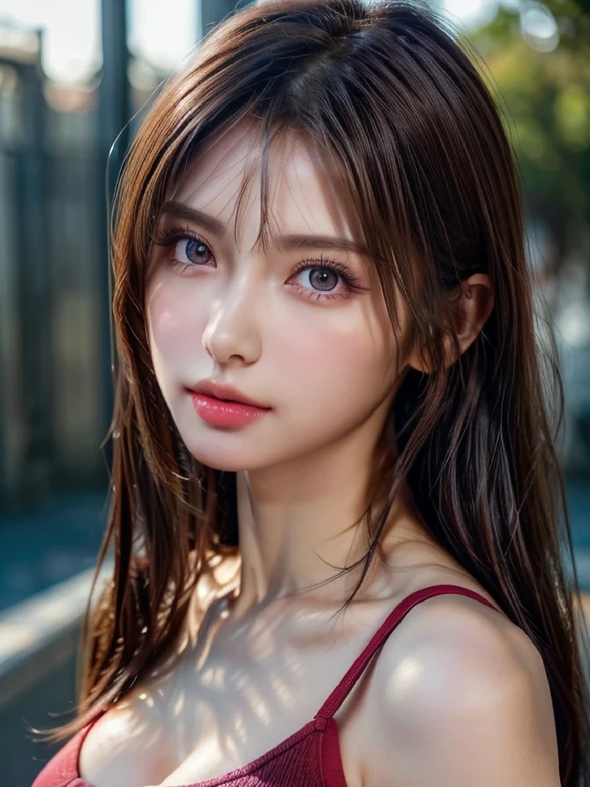 ((anatomically correct, Kissing gesture, pouting lips)), (Beautiful, detailed eyes:1.2, Beautiful skin, Beautiful hair, Beautiful eyes, seductive eyes), ((Woman)), (Detailed eyes and face:1.3), ((Asymmetrical hair)), (Highly detailed CG, Super detailed, Best Shadow:1.1), ((Depth of written boundary:1.1)), ((watercolor)), beautiful concept figure, (figure:1.1), (Perfect detail:1.1), looking at viewer, Good posture and dignity, From the neck up, natural soft lighting, evening sunset, Highlights in the eyes, Very perfect and beautiful face, close up shot, glossy lips, Bare shoulders, (vibrant colors, vivid colors background:1.2), (masterpiece:1.2, Highest quality),