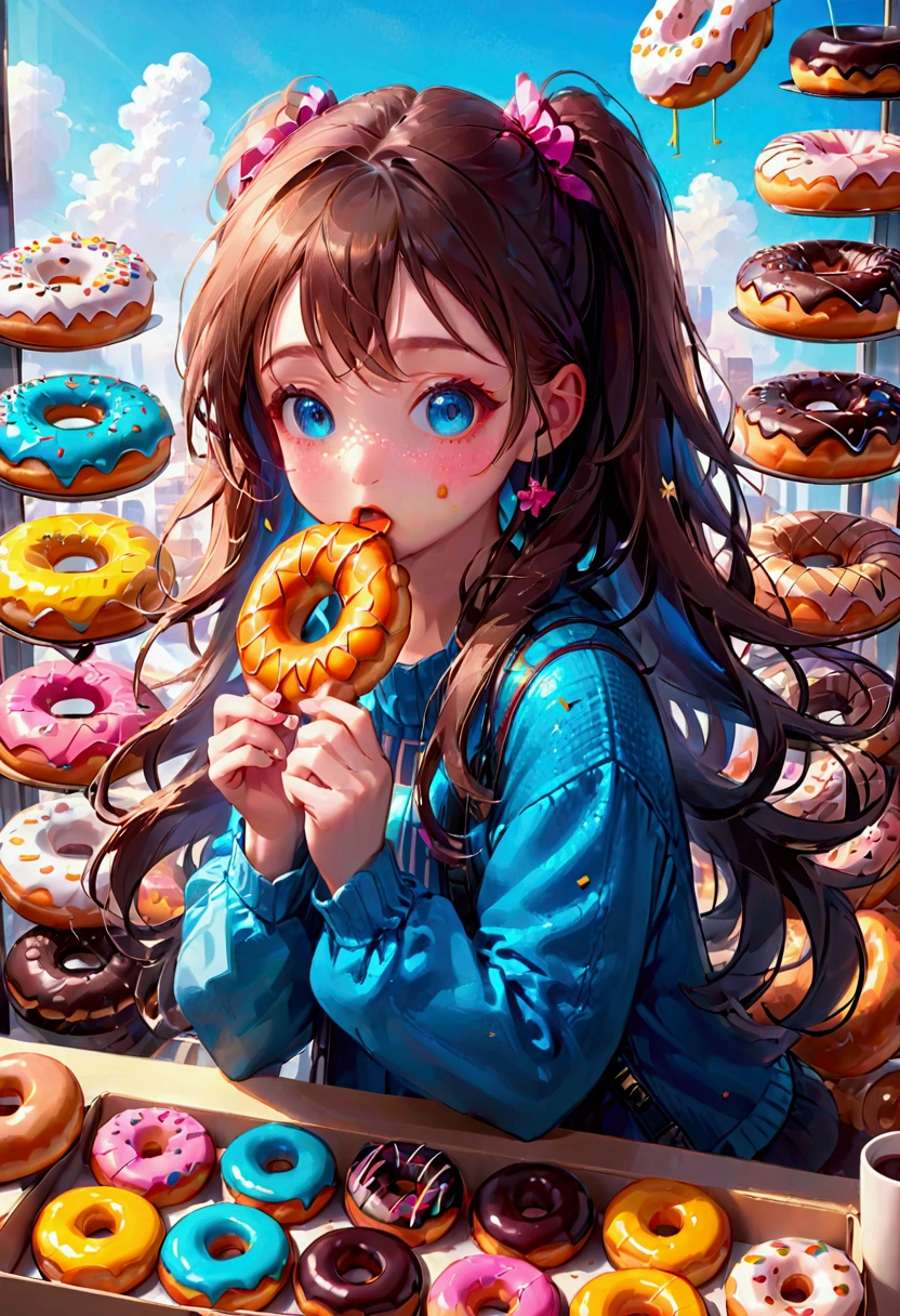 1girl, Eating Donuts, a girl eating delicious donuts, detailed face, beautiful blue eyes, cute expression, long eyelashes, messy hair, detailed skin texture, colorful sprinkled donuts, detailed pastry, warm lighting, 8k, highly detailed, masterpiece, best quality, very aesthetic, absurdres