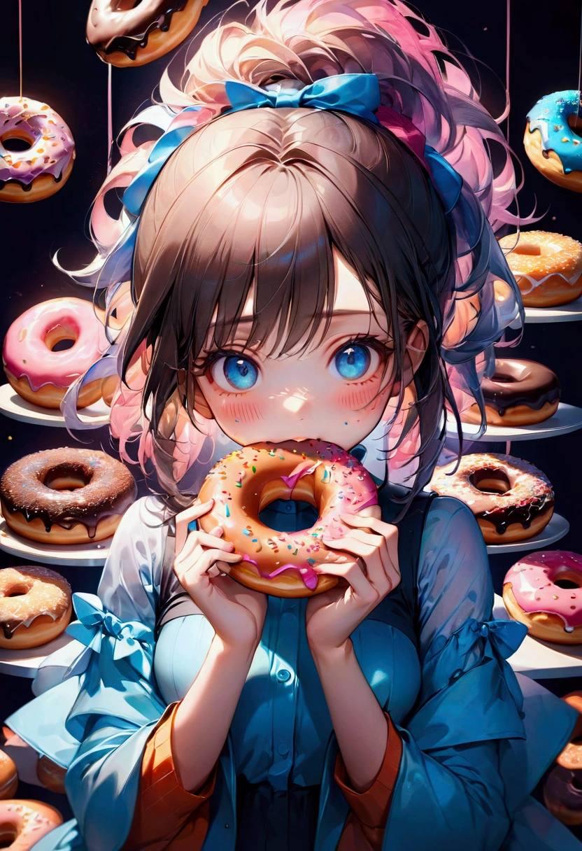 1girl, Eating Donuts, a girl eating delicious donuts, detailed face, beautiful blue eyes, cute expression, long eyelashes, messy hair, detailed skin texture, colorful sprinkled donuts, detailed pastry, warm lighting, 8k, highly detailed, masterpiece, best quality, very aesthetic, absurdres