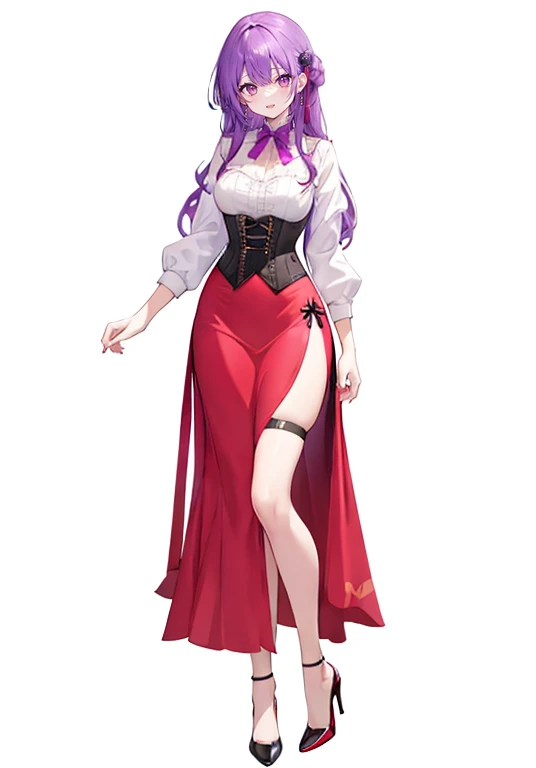 Purple hair,voluminous long hair,Adult female,((Roll up your sleeves)),(Corset),(Tight skirt),(high heels),((Simple White background)),Smile,((Full body)),((whole body))