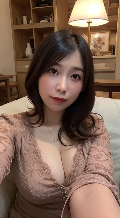 Tabletop, Highest quality, shape, Very detailed, In detail, High resolution, 8k wallpaper, Perfect dynamic composition, Beautiful details, Natural Lip, T-Shirts , Big Tits, M Cup, Cleavage, Sexy pose, whole body,Lying on the sofa at night