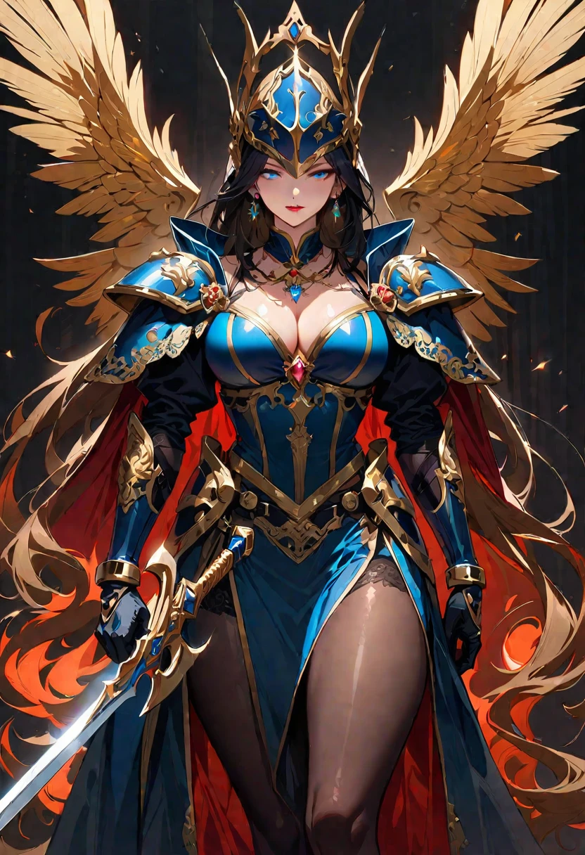 1 young beautiful woman,(Highest quality,Extremely detailed depiction,Incredibly absurd high resolution,Anatomically accurate depiction,Curvy Legs),(Glowing Skin,Shiny skin),(A female swordsman with a noble air),(Black Breastplate,Black boots,Metal embroidery,Transparent gemstones and precious metals decoration,Exquisite armor detailing,Holy sword,Valkyrie Helmet,Cape,White tights),(Blue Eyes,Half-closed eyes:1.3,Shadowed face,lipstick,There is cleavage in the chest,Cool look),eyelash,Luxury accessories,Earrings,necklace,Bracelet,Standing posture